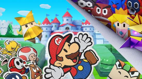 Paper Mario and other citizens of the Mushroom Kingdom face off against the Folded Soldiers. This art comes from the box of Paper Mario: The Origami King.