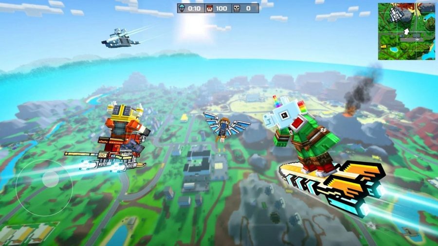 Characters flying through the sky in Pixel Gun 3D.