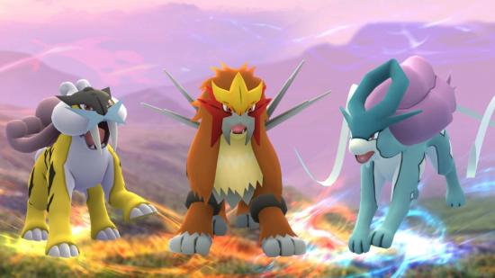 Raikou, Entei, and Suicune standing on a hill