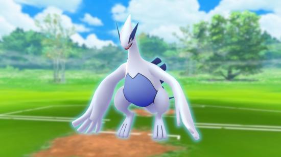 Lugia hovering in a field