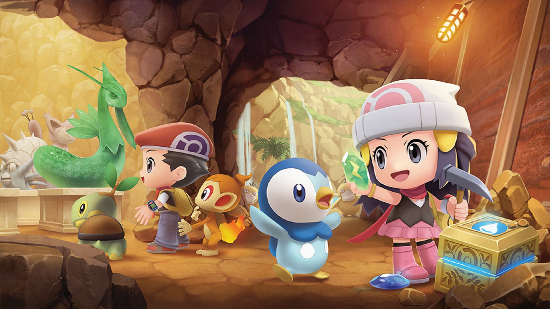 Pokémon Switch games - Pokémon Brilliant Diamond & Shining Pearl. Promotional image for the game shows trainers and Pokémon in the game's underground. 