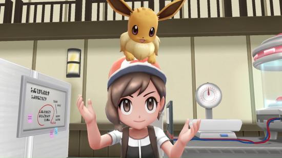 Pokémon Switch games: Pokémon: Let's Go, Pikachu & Let's Go, Eevee. Image shows a trainer with her Partner Eevee.