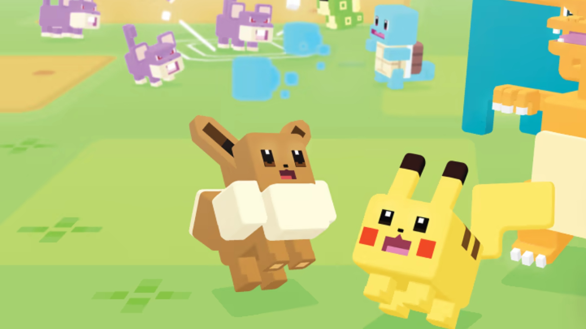 Pokémon Switch games: image shows an Eevee, Pikachu and Charizard in Pokémon Quest, all of them presented in Pokéxel style.
