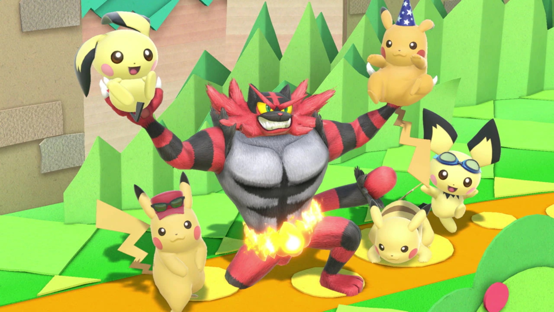 Pokémon Switch games: Super Smash Bros. Ultimate. Image shows an Incineroar alongside a group of Pichu and Pikachu.