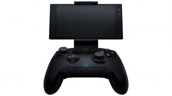 A Razer Raiju gaming controller with a mobile phone mounted and ready to play.