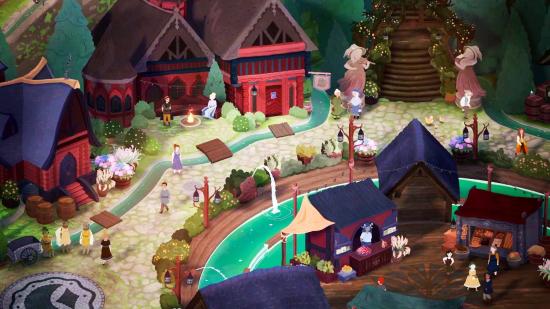 A small illustarted town is shown, bustling with different characters