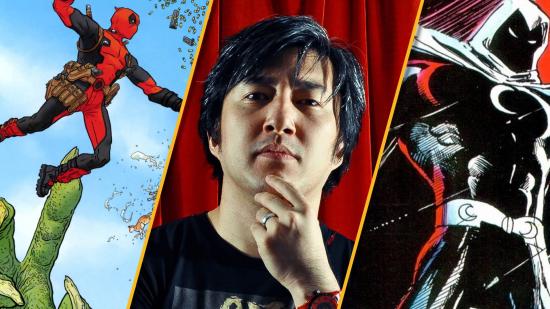 Game director Suda 51 is shown with images of the Marvel characters Deadpool and Moon Knight