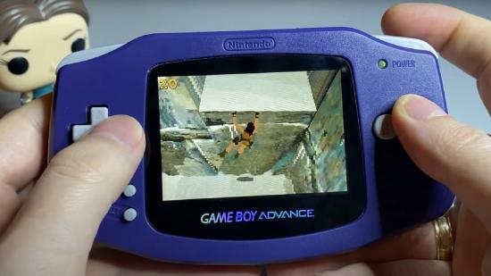 Tomb Raider is being played on a Game Boy Advance