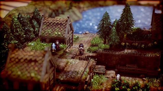 A pixelated scene shows a small character in a village by a lake