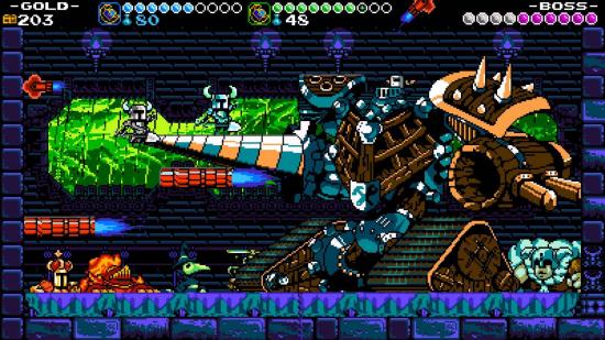 A screenshot shows Shovel Knight fighting against many different opponents at once