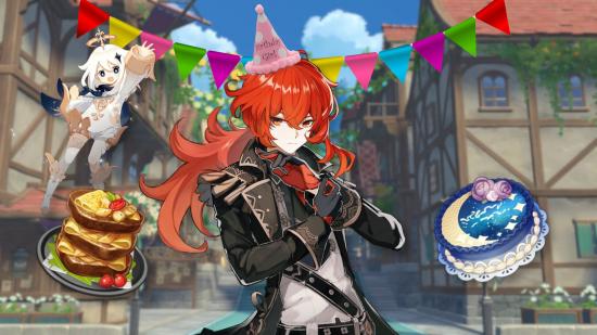 Diluc wearing a birthday hat surrounded by party apparel and not looking impressed