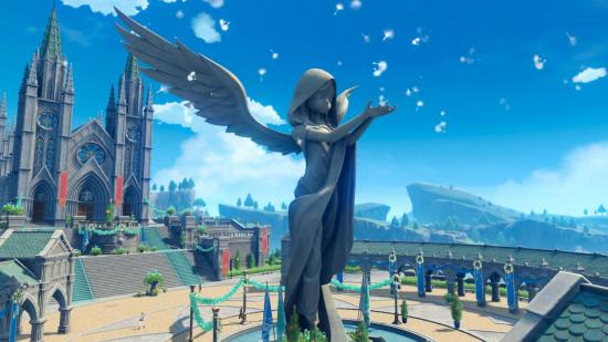 Dandelion seeds scattering from the top of the anemo archon statue