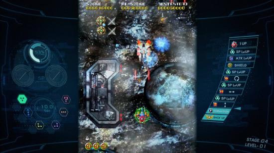 A menu is visible either side of footage of a spaceship battling lots of enemies