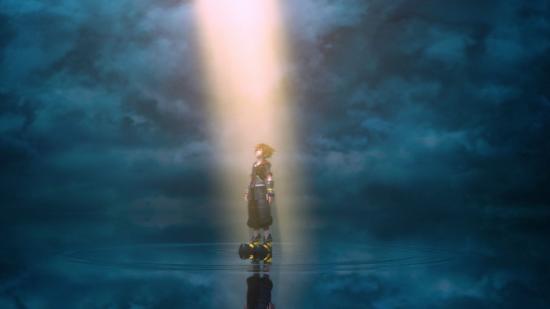 Sora stood amongst clouds, looking into the light