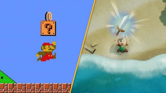 Screenshots of both Mario and Link acquiring items