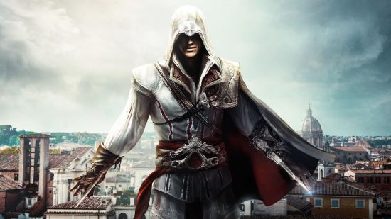 Art from Assassin's Creed: The Ezio Collection, showing Ezio with arms akimbo, as a city stretches out in the background.