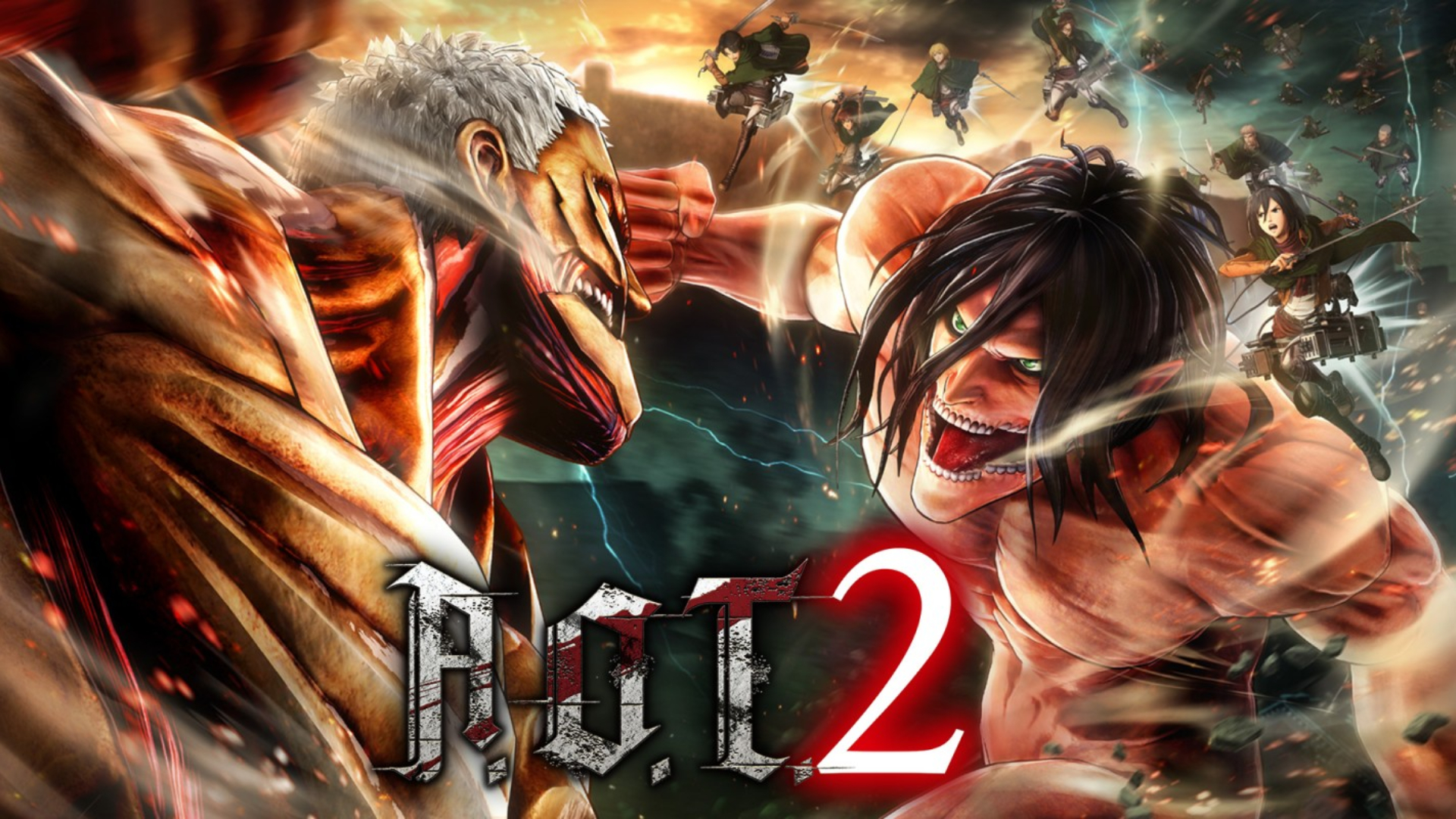 Best anime games: Attack on Titan 2. Image shows the game's logo and two titans fighting.