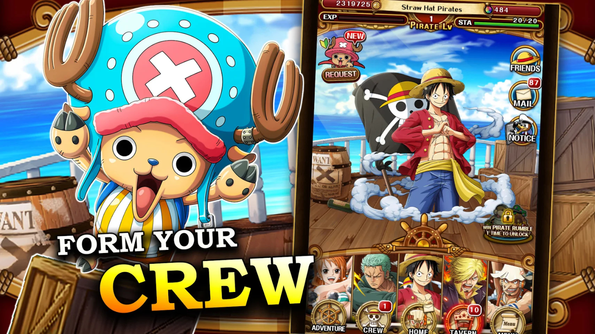 Best anime games: One Piece Treasure Cruise. Image shows a selection of One Piece characters and the text 