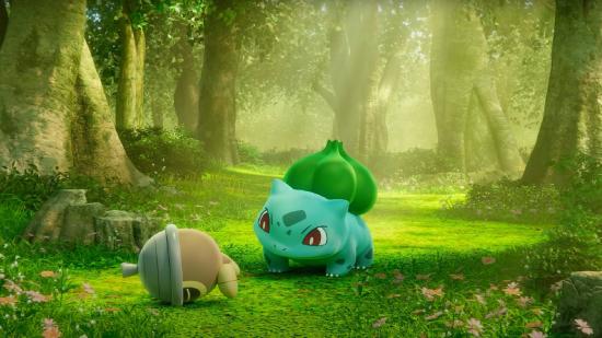 A Bulbasaur is hanging out in the forest with a Seedot