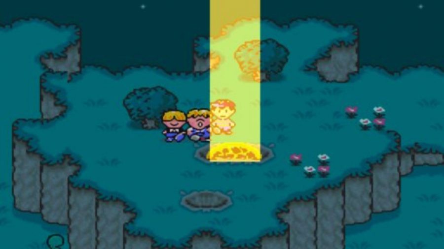 A screenshot from Earthbound showing the main characters around a beam of light coming out of a hole in the ground.