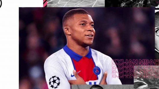 FIFA 23 Switch - Kylian Mbappe, arms under his armpits, looking happy, ona green football pitch with bright sky behind him.He has short shaved hair and a PSG kit on.