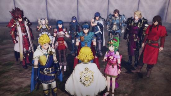 A group scene in Fire Emblem Warriors, featuring many iconic characters such as Marth, Chrom, Lucina and Ryoma.
