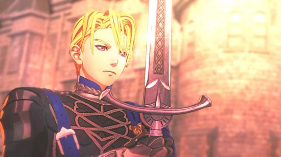 Dimitri looking stoic before his sword in a screenshot from Fire Emblem Warriors: Three Hopes.