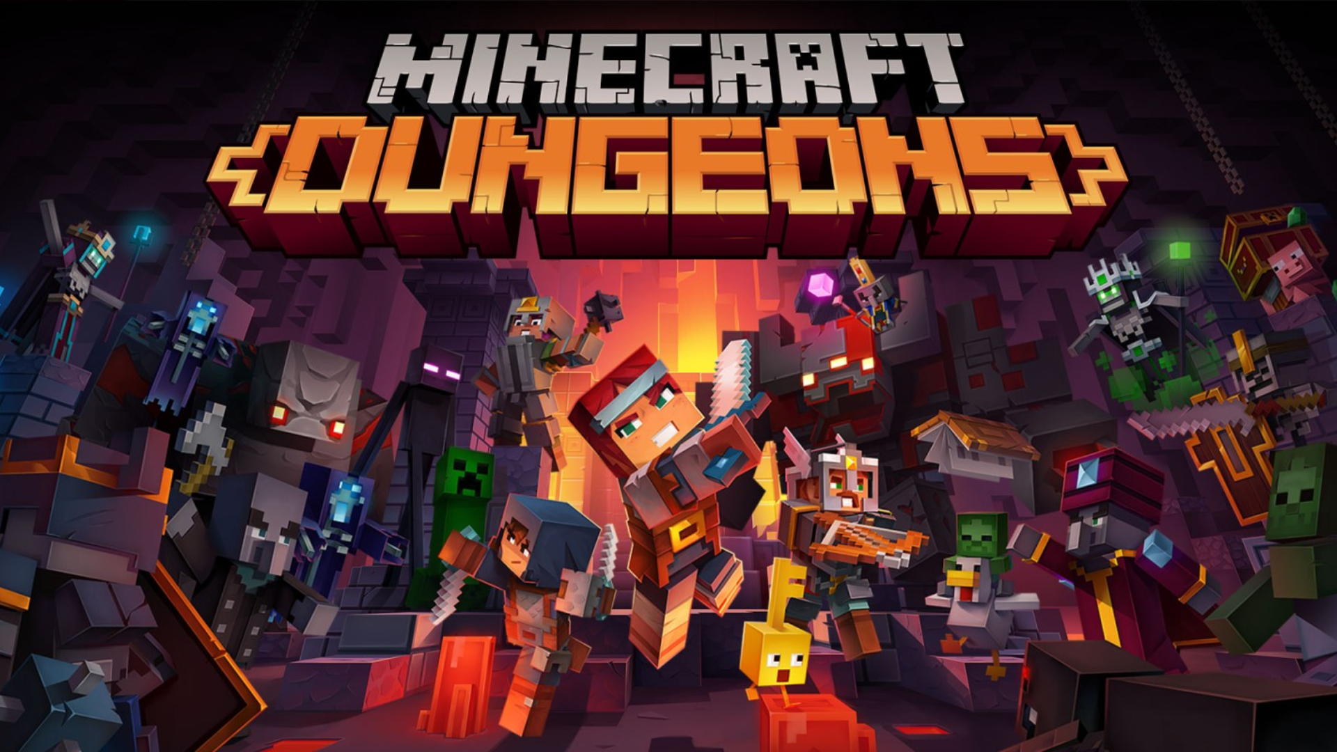 Minecraft Dungeons key art, full of characters and enemies in a dungeon
