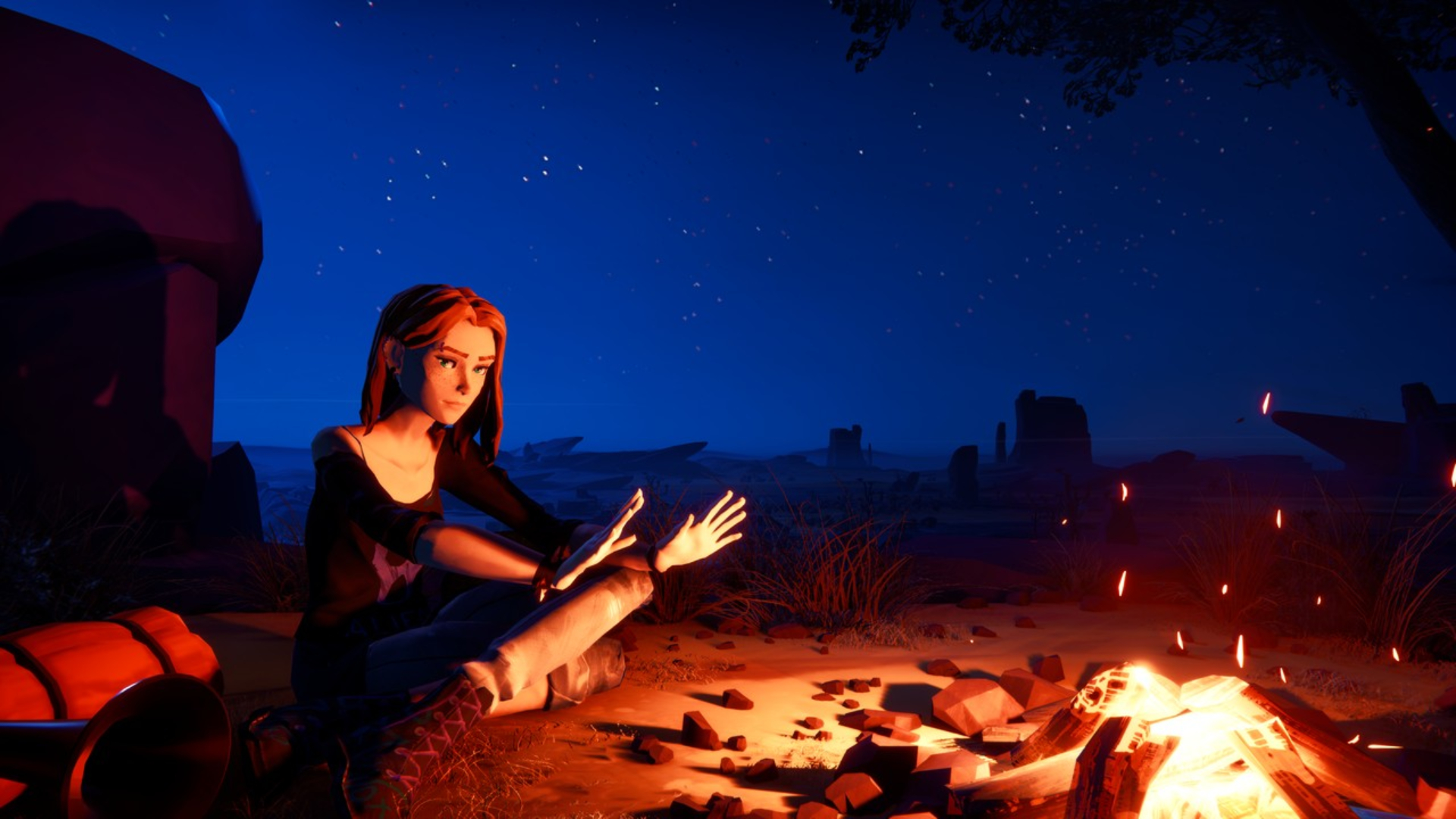 A girl sitting by a campfire