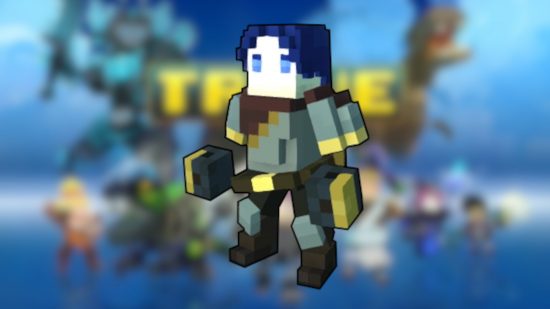 Games like Minecraft: A Trove character on top of a blurred Trove background.
