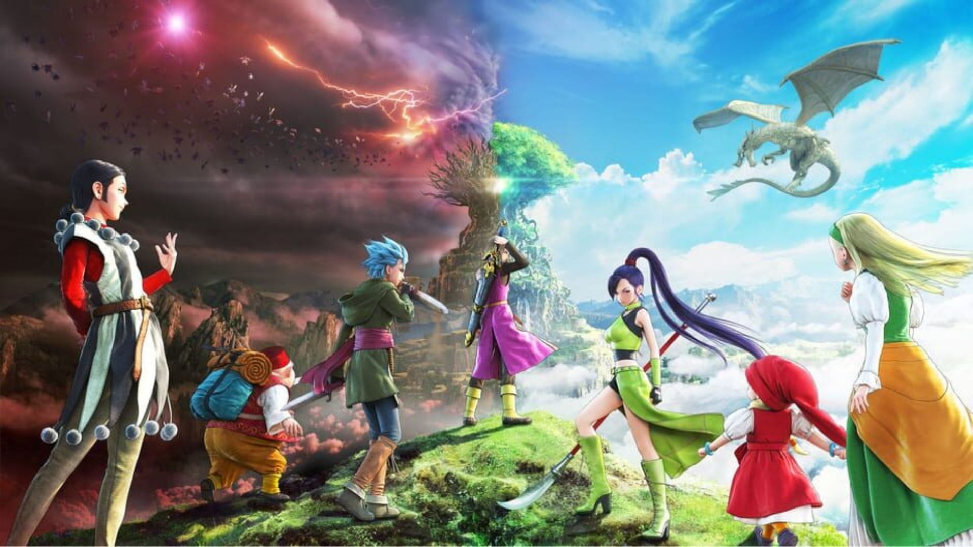 Art from Dragon Quest XI Echoes of an Elusive age, a game like Pokémon, featuring art of every character as they survey a landscape, half of it draped in fire, the other half with a dragon in clear skies.