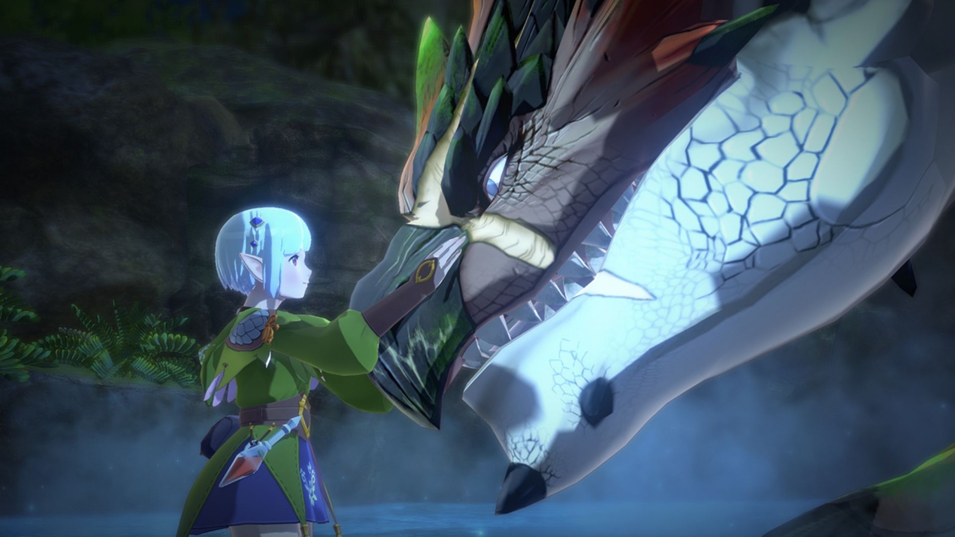 A screenshot from Monster Hunter Stories 2, a game like Pokémon, featuring a woman touch a dragons nose.