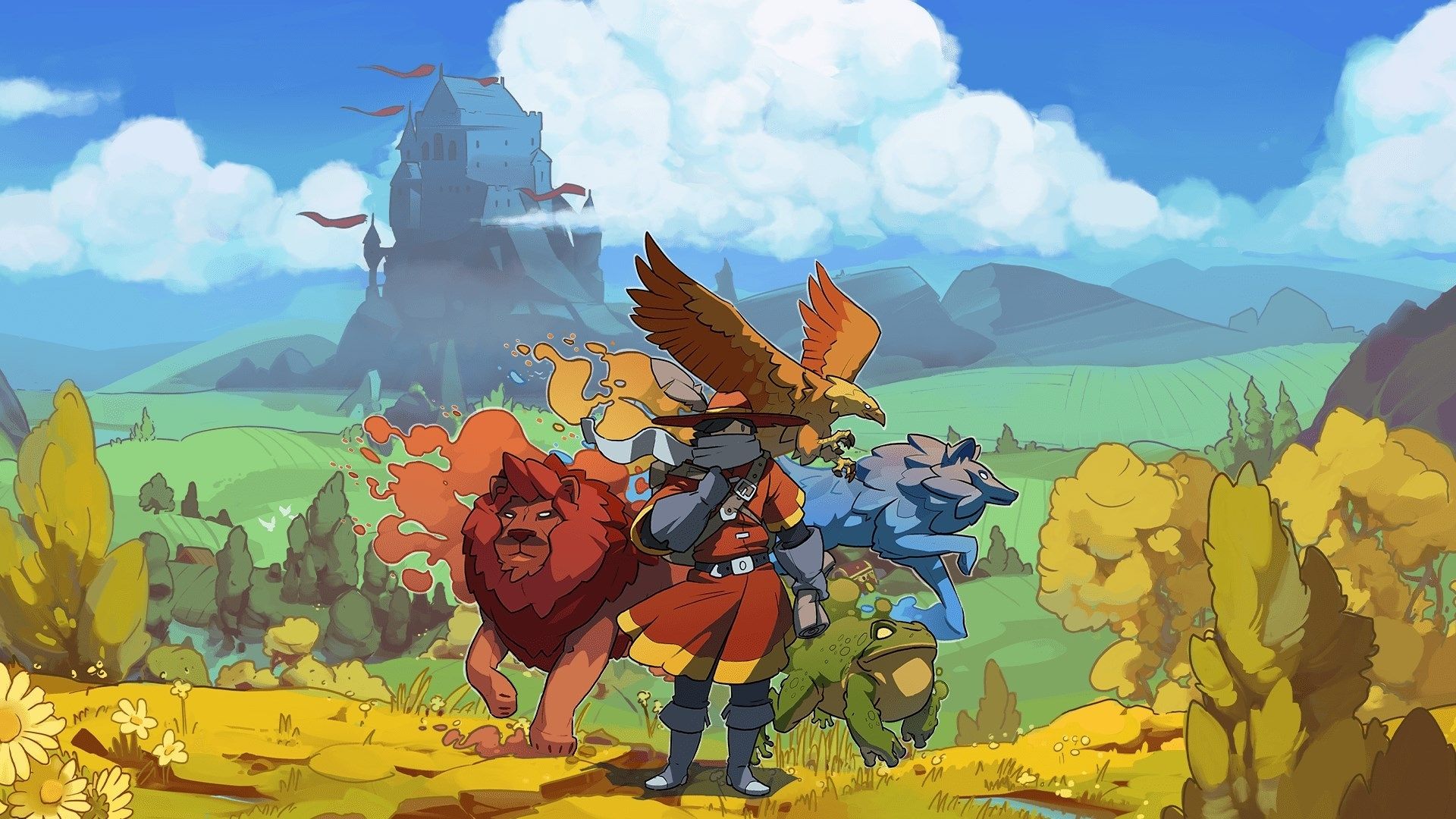Art for the game Monster Sanctuary, a game like Pokémon, featuring a character and a large lion-like animal looking out to a verdant distance.