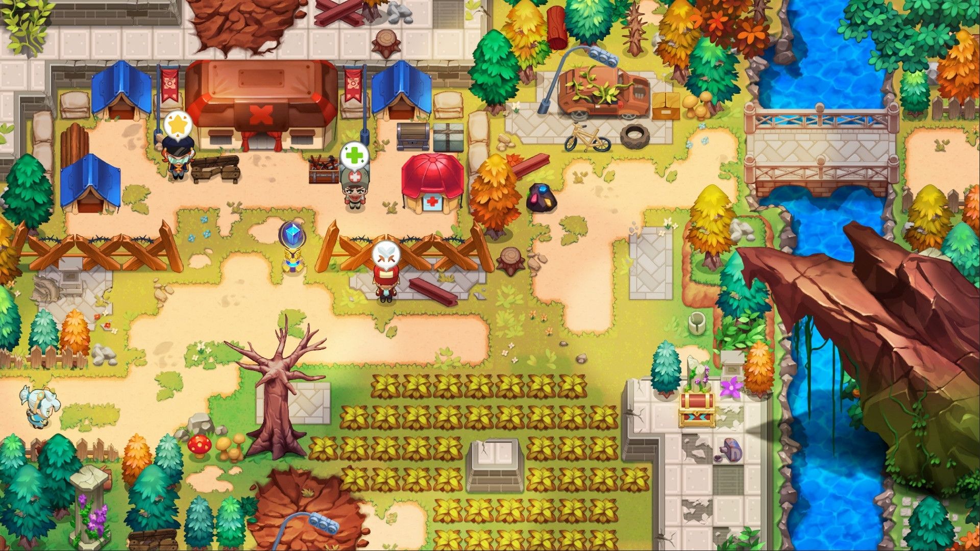 A screenshot from Nexomon, a game like Pokémon, showing an overworked in classic Pokemon style, littered with objects, weeds, trees, and such.
