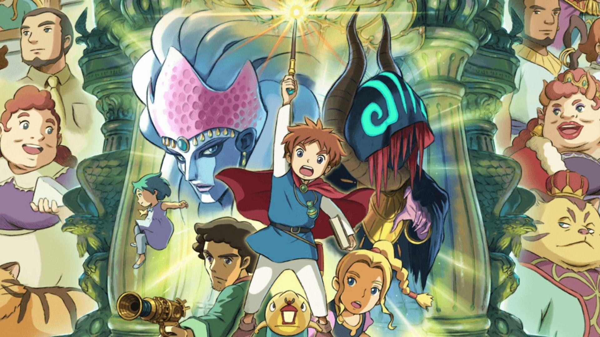 Art from the game Ni No Kuni, a game like Pokémon, featuring a character raising a sword as various characters surround him.