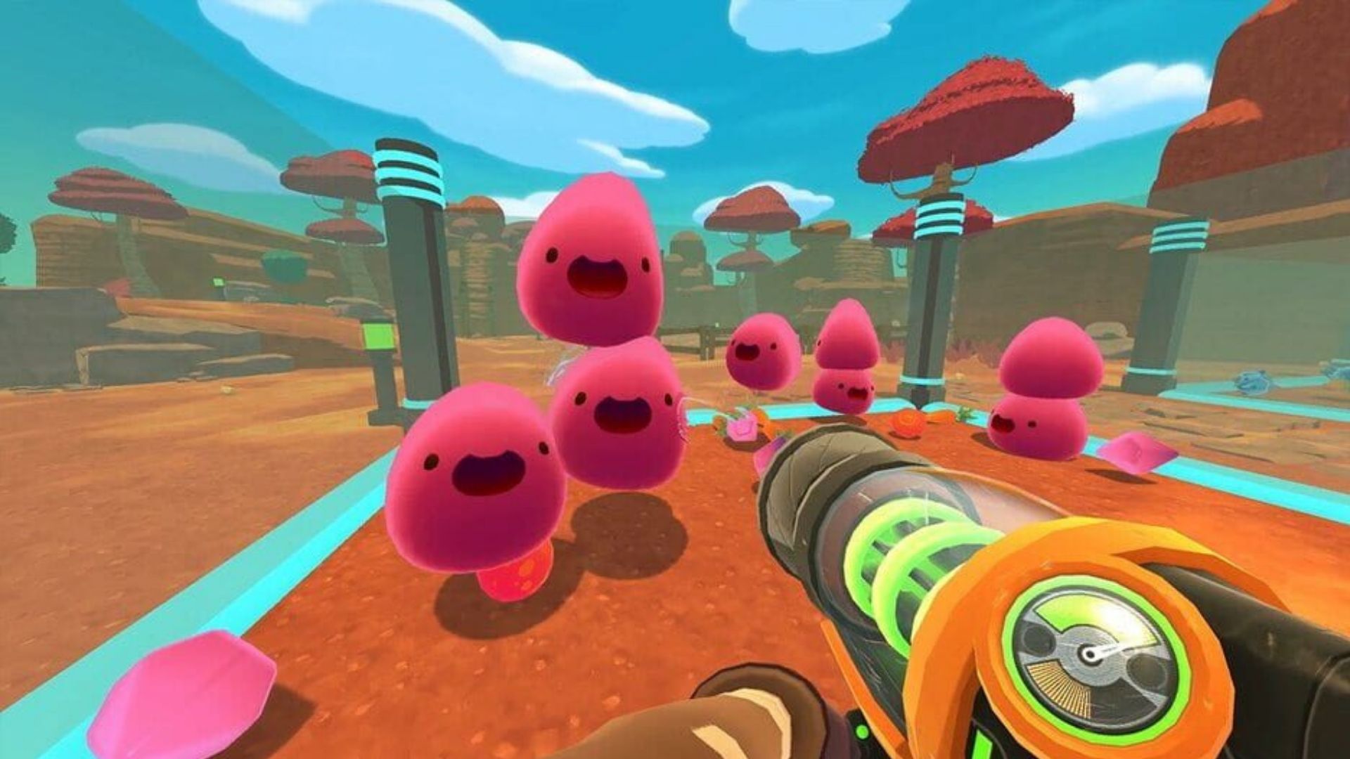 A screenshot from Slime Rancher, a game like Pokémon, featuring various slimes (spherical goo creatures with smiley faces), bouncing around in an electric-fenced pen.