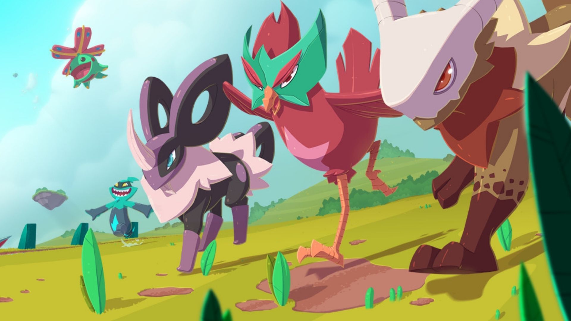 Art from Temtem, a game like Pokémon, featuring three animas: one looks like a chicken in a Venetian mask, one looks like a long-legged rabbit with a Rhino horn, the other looks like a small boy with a skull on their head.