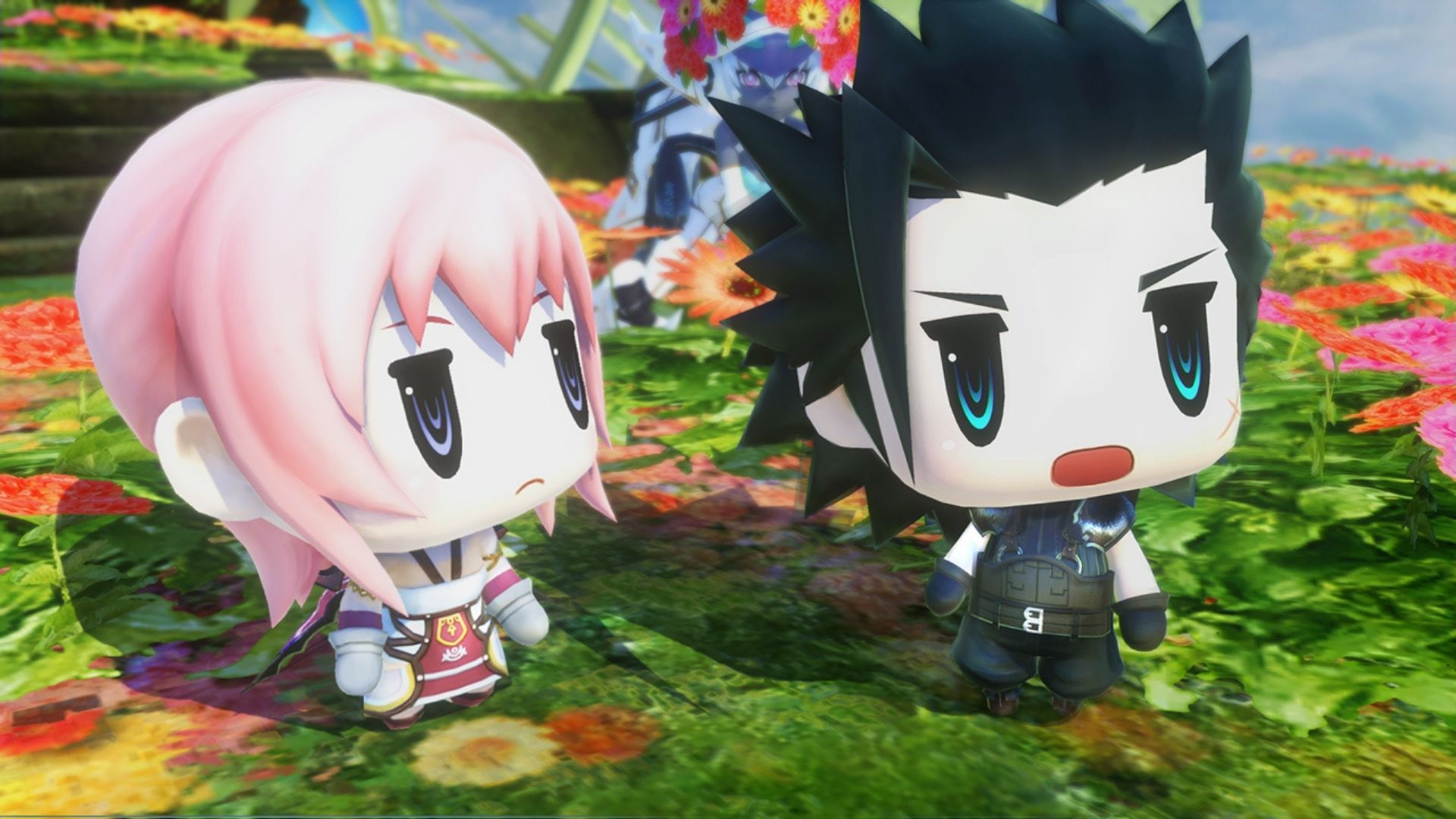A screenshot from World of Final Fantasy, a game like Pokémon, showing two chibi characters (tiny body, giant head), one with black hair, one with pink, looking into the distance.