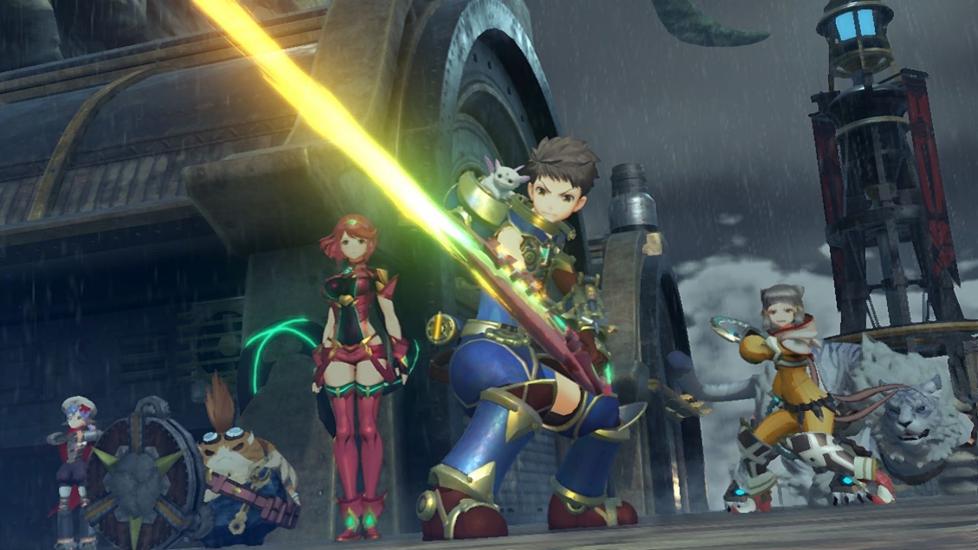 A screenshot from Xenoblade Chronicles 2, a game like Pokémon, showing Rex holding his sword, defending Pyra, Mia, and his other friends.