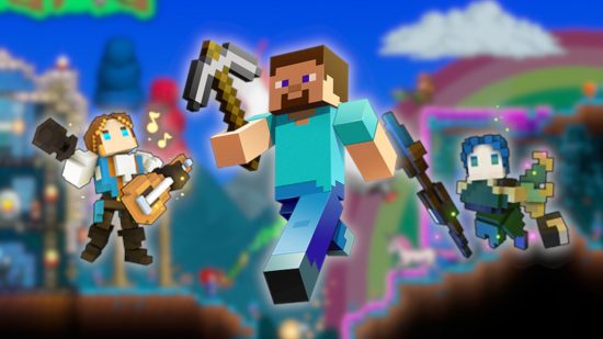 Games like Roblox: Steve from Minecraft and two Trove characters, one singing and one with wings, overlayed on a blurred Terraria background.