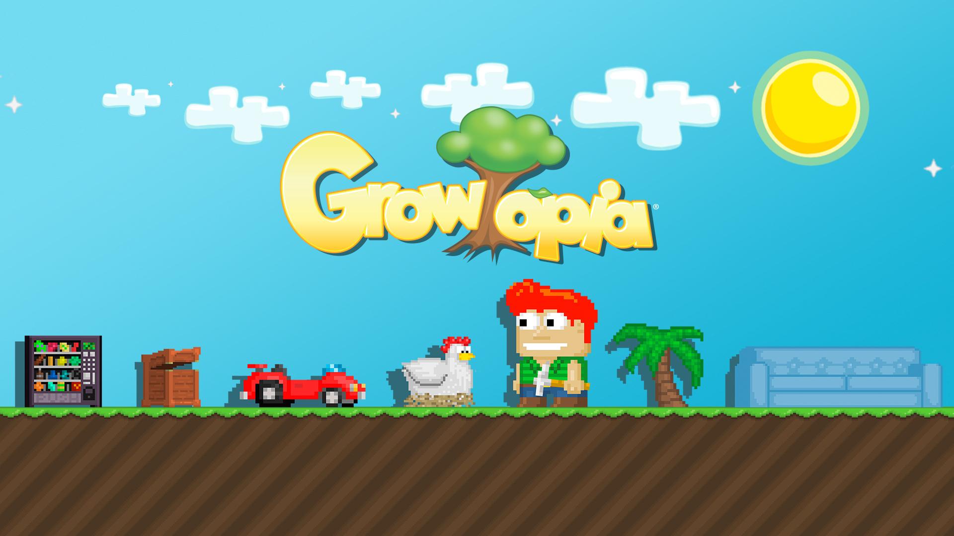 Art from Growtopia showing a small person and a chicken next to a racecar and a tree