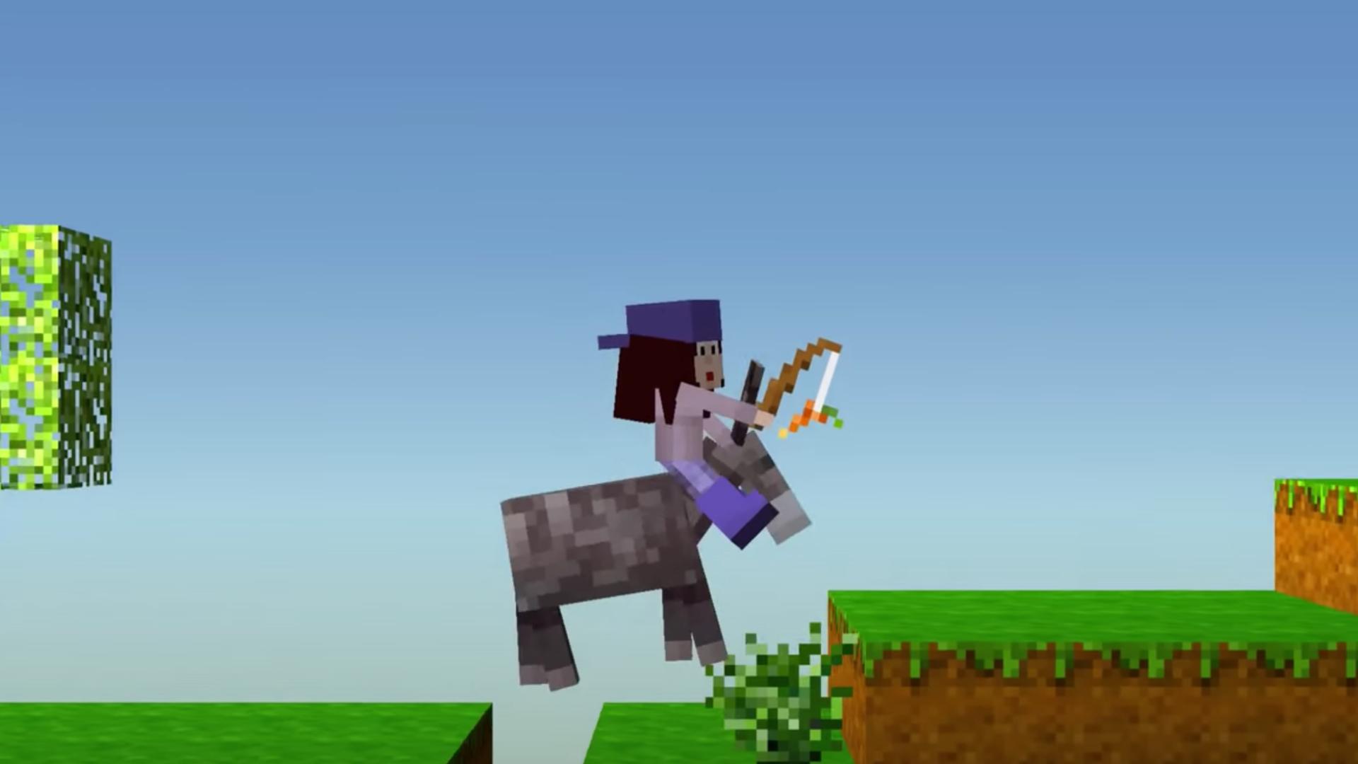 A screenshot from The Blockheads, a game like Roblox, showing a character riding on the neck of a donkey.