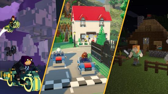 Three games like Roblox, Trove on the left, Lego Worlds in the middle, and Minecraft on the right.