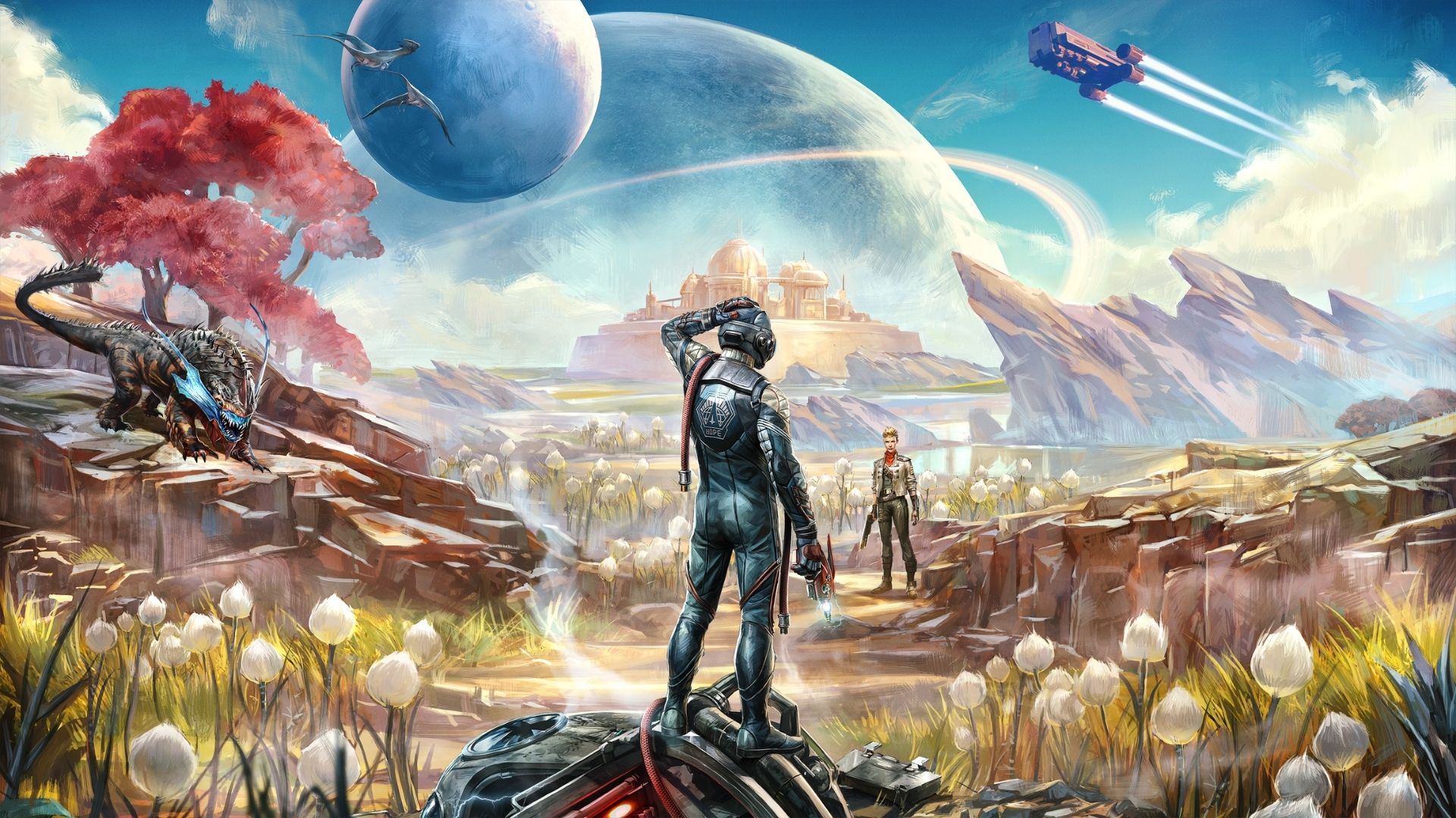 Art from a game like Skyrim, showing a man looking over a wide scene full of fantastical plants, with massive planets in the skyline.
