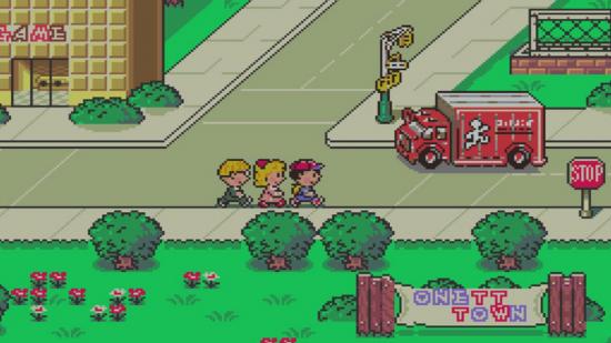 The main characters from Earthbound walking down the street in an idyllic town.