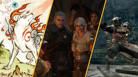 Three games like Zelda. On the left, the wolf from Okapi. On the right, a knight from Dark Souls. In the middle, Gerald and Ciri raising a glass from The Witcher 3.