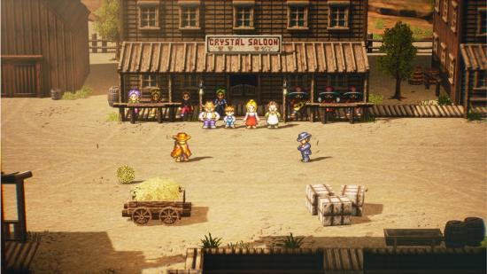 A screenshot from the HD-2D remake of Live A Live featuring two cowboys standing off outside a saloon, as saloon-goers watch.