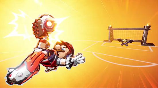 Mario about to score a goal in Mario Strikers Battle League, now available to pre-order.