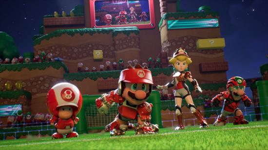 Toad, Mario, Peach, and Luigi all decked out in football gear as we'll all see on the Mario Strikers Battle League release date.