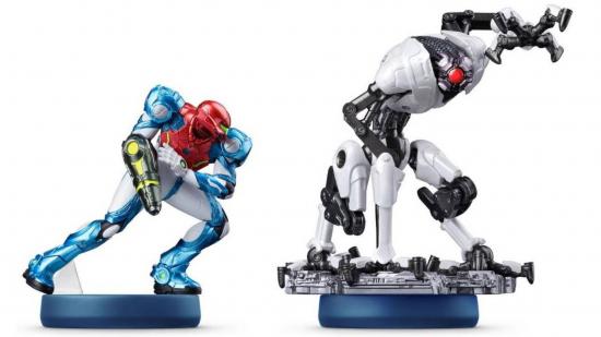 amiibo figures of both Samus Aran and an E.M.M.I robot are visible against a white background